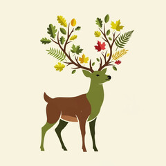 Stylized deer illustration with antlers adorned with colorful autumn leaves and ferns.
