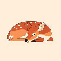 A cartoon fawn resting peacefully on a solid, neutral background.