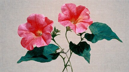 Two pink petunia flowers with green leaves against a textured off white background in a close up view