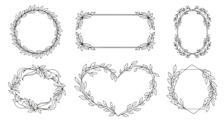 Obraz premium Vector illustration of elegant hand drawn floral frames and wreaths set with delicate leaves and flowers