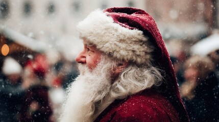 Profile close-up portrait of Santa Claus wearing a red hat in the falling snow, Jolly Santa Claus side view in a snowy town, holiday magic concept