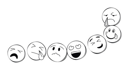 Collection of hand drawn emoji faces depicting a range of emotions from sadness and crying to joy and laughter, perfect for emotional expression in media.