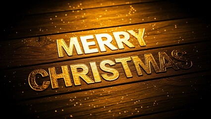 Golden Merry Christmas Text on Rustic Wooden Background with Sparkles