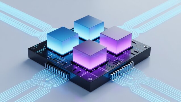 Glowing cubes on circuit board with digital circuits - Powered by Adobe