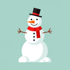 Cartoon snowman with a black hat, red scarf, carrot nose, and stick arms on a light blue background.