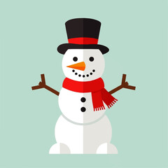 A cheerful snowman with a black hat, red scarf, and stick arms, smiling.