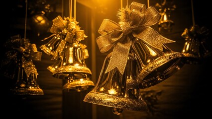 Close-up of Golden Christmas Bells with Glittery Bows in Warm Light