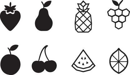 Flat silhouette fruit icon pack with simplified outlines of strawberry pear plum and cherry illustration.