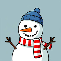 A cheerful snowman with a blue hat, scarf, and twig arms, smiling.