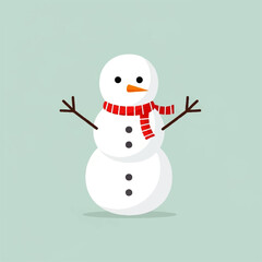 Illustration of a snowman with a red scarf, carrot nose, button eyes and twig arms on a light blue background.