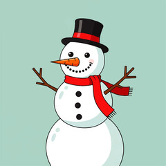 Cheerful snowman with a black top hat and red scarf, standing against a light blue background.