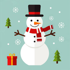 A cheerful snowman with a hat, scarf, and snowflakes in a winter scene.