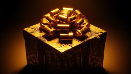 Luxurious Golden Gift Box with Ornate Ribbon and Glittering Details