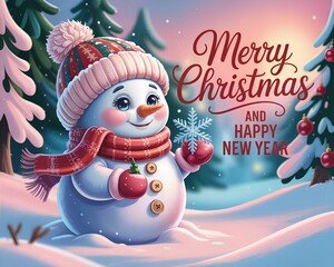 A cozy cinematic holiday illustration with a cute glowing-snowflake snowman, dreamy winter scenery, warm festive tones, and elegant Merry Christmas and Happy New Year typography