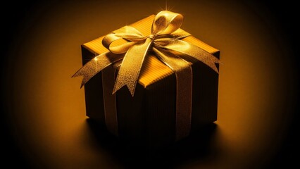 Elegant Golden Gift Box with Shimmering Ribbon and Dramatic Lighting