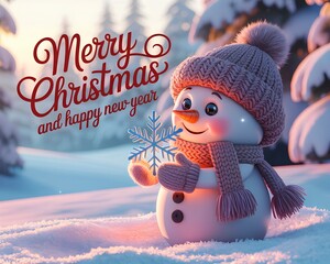 A whimsical winter illustration of a cute snowman holding a glowing snowflake with dreamy forest light, soft snowfall, and elegant festive Merry Christmas and Happy New Year lettering