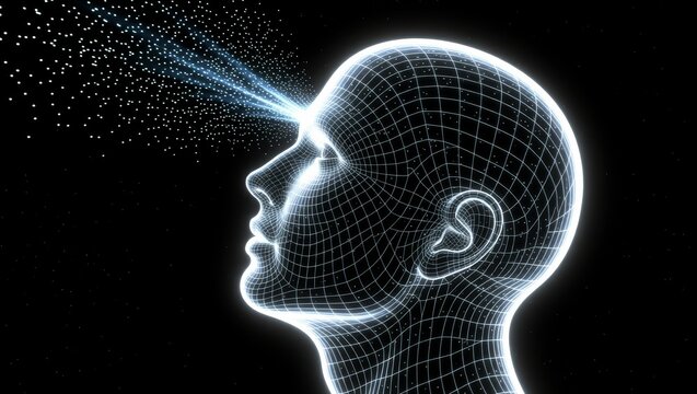 Wireframe human head emitting data streams