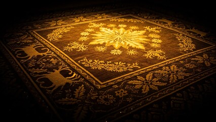 Luxurious Golden Rug with Intricate Snowflake and Floral Patterns