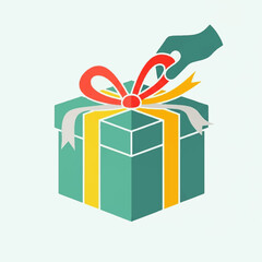 A hand unties a red bow on a teal gift box with yellow and white ribbon accents.