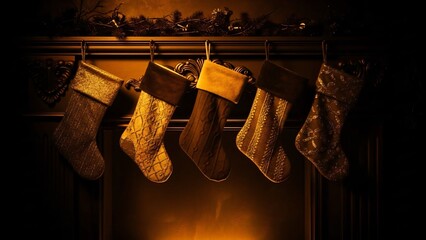Five Festive Christmas Stockings Hang Above a Warm, Glowing Fireplace