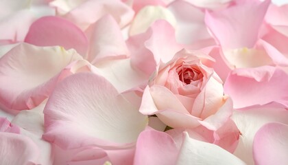 Soft focus image of a single rose surrounded by delicate pink petals