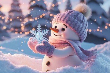 A cheerful snowman on a snowy hill with pine trees and gentle snowfall, creating a peaceful Merry Christmas and Happy New Year greeting card with clean copy-space for text