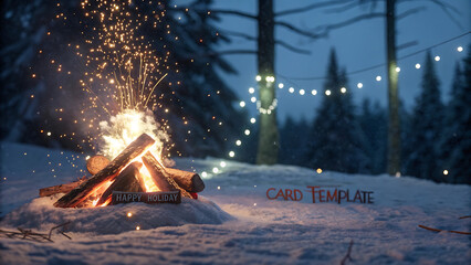Cozy winter night scene with a crackling campfire in the snow, illuminated by warm sparks and festive string lights hanging between dark forest trees
