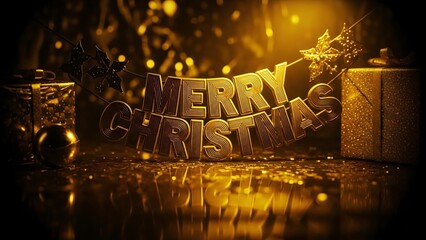 Luxurious Golden "merry Christmas" Text with Gifts and Stars
