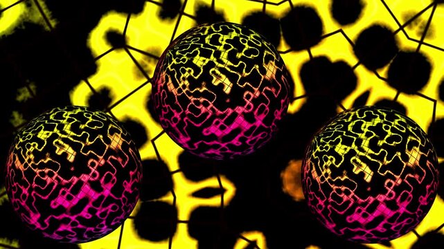 Bright red and yellow fractal spheres with intricate swirling textures.