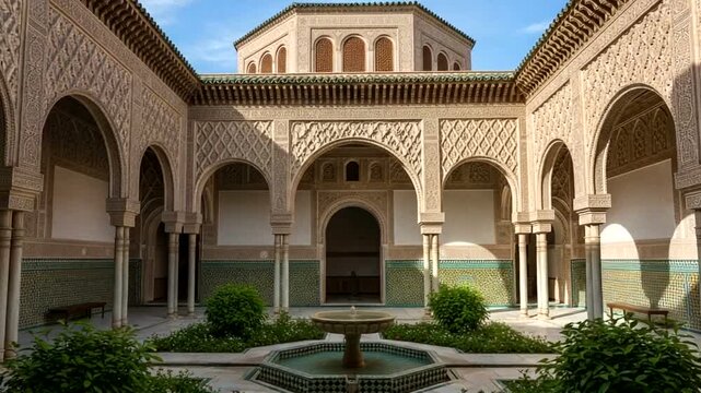 Architectural Grandeur Intricate Details of a Moroccan Courtyard with Geometric Patterns and