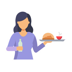 Modern Minimalist Woman Carrying Tray of Food Icon, Flat Silhouette of a Half-Body Female Figure Vector for Culinary Illustration Design
