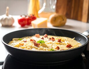 Spaghetti dish with bacon sizzling in a pan on a stove