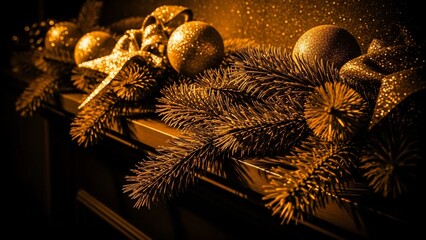 Elegant Golden Christmas Ornaments and Pine Branches with Bokeh Lights