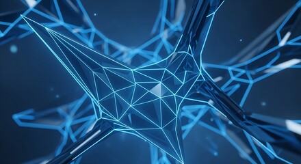 Abstract 3D render of a dark, complex, and futuristic polygonal network or crystal structure, highlighted by vibrant, glowing blue neon lines, representing technology or AI.