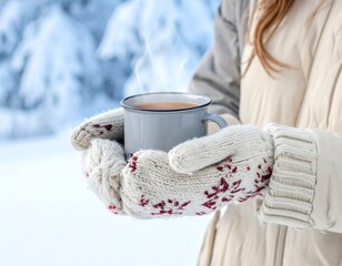 Steaming drink in hands with mittens, winter background