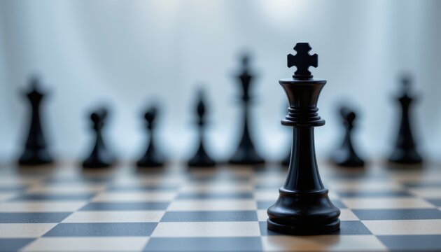Close-up of a Black King Chess Piece Dominating a Chessboard with Blurred Pieces in Background - Powered by Adobe