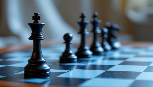 Black chess pieces arranged on a blue and black chessboard with a soft blurred background in a cozy environment