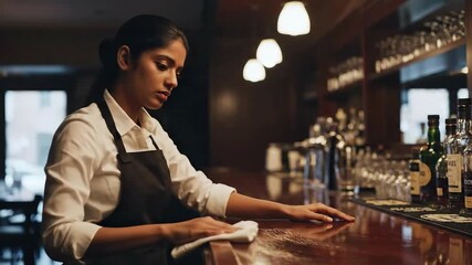 Young woman bartender wiping down and cleaning the counter bar surface diligently - Powered by Adobe