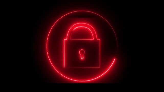 Glowing neon color animation lock icon protection safety security privacy password circle closed animated sign symbol on black background.