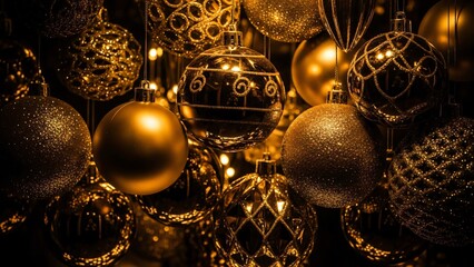Luxurious Golden Christmas Ornaments Hanging in Warm Light