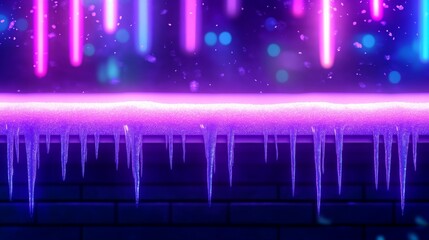 Fototapeta premium Illuminated purple icicles and snow capping a dark brick surface beneath neon lights