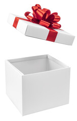 open gift box with red ribbon on white background