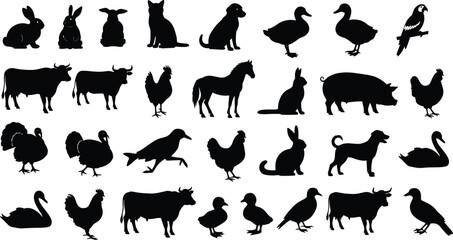 Big collection of farm animal and pet silhouettes including cows dogs cats and birds vector illustration
