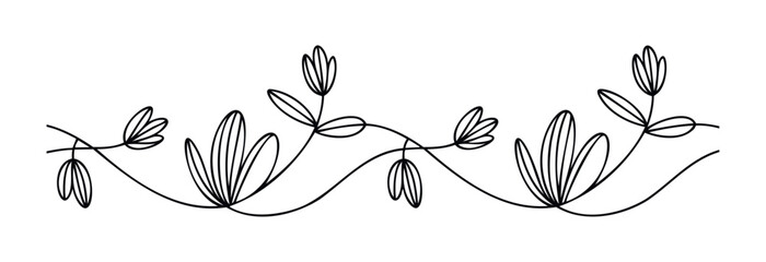 Elegant black line floral border with delicate leaves and blooms, perfect for invitations, borders, and decorative accents in feminine branding and stationery.