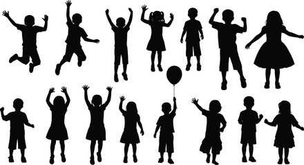 Collection of black vector silhouettes featuring happy children boys and girls jumping playing and waving hands isolated on white background.