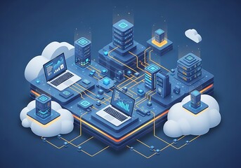 Futuristic isometric digital cloud computing network with servers laptops and data centers