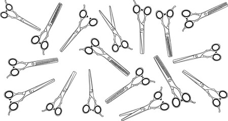 Collection of professional barber scissors and hairdressing shears outline sketch style isolated on white background vector illustration