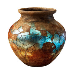 Cracked ceramic pot with blue mosaic inlay isolated on transparent background