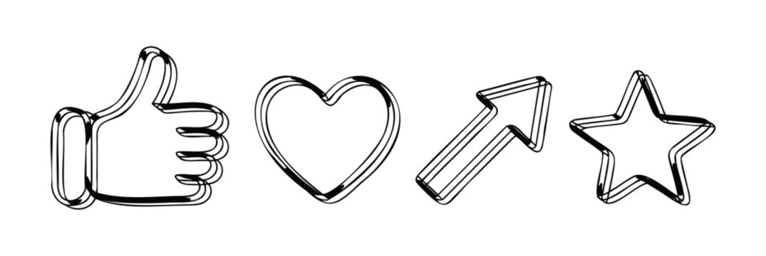Collection of social media approval icons including a thumbs up, heart, arrow, and star for engagement and feedback representation in digital platforms.