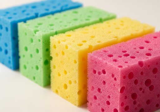 A vibrant row of colorful rectangular sponges arranged diagonally for cleaning and household chores